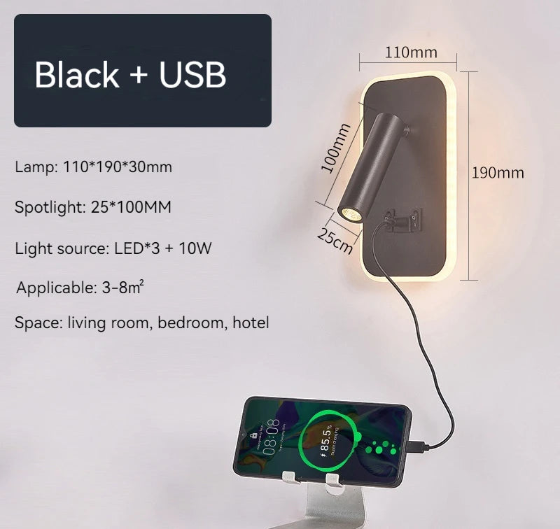 applique murale led noir orientable usb ambiance chambre étude entrée moderne minimaliste