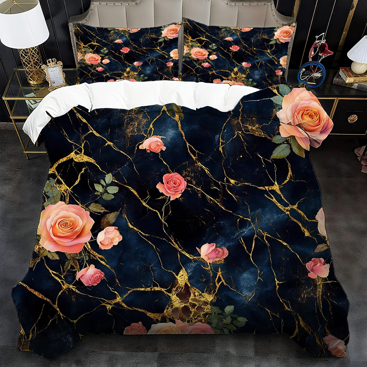 ensemble literie moderne bleu foncé rose clair marbre impression 3d élégant oreillers taies d'oreiller