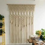 rideau macramé coton beige clair motif géométrique franges boho chic décoration intérieur séparation porte