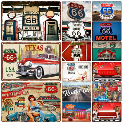 Plaque métal vintage Route 66 décoration murale garage