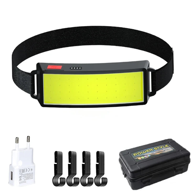 lampe frontale rechargeable led usb camping pêche chasse bande rétractable indicateur puissance moderne noire