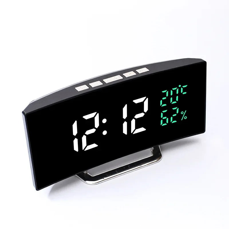horloge numérique moderne miroir réveil affichage température luminosité réglable mode nuit led noir matériau