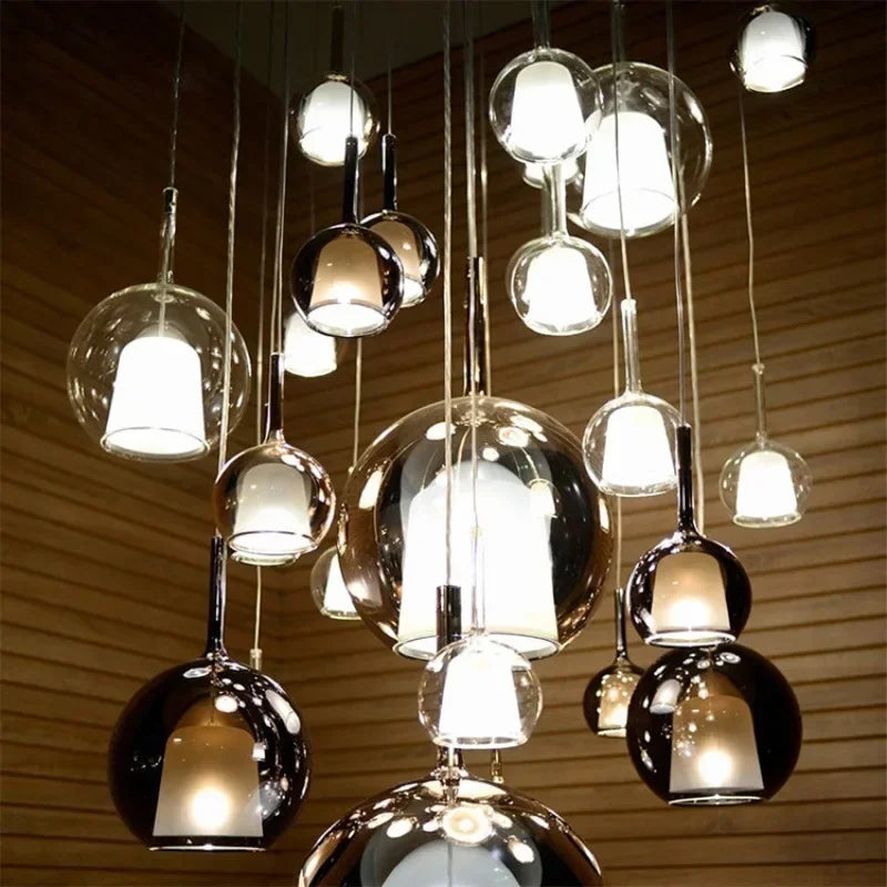 suspension lumineuse moderne chrome noir blanc sphères polies câbles suspendus ampoules incluses