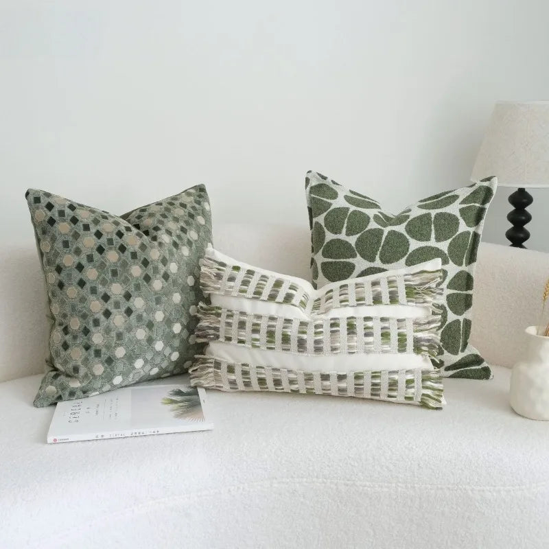 housse coussin géométrique vert beige motif points moderne adhésif décoration canapé maison voiture 45x45cm