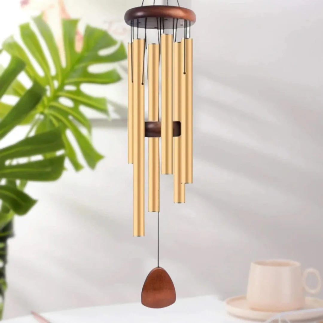 cloches vent modernes dorées noires marron tubes bois disque pendule jardin patio