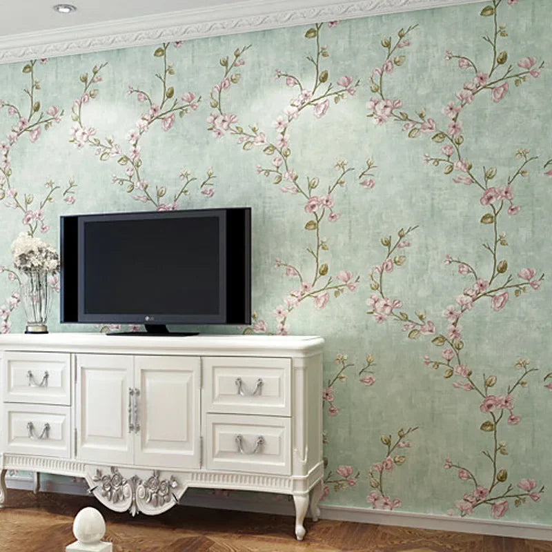 papier peint floral tissu relief beige vert rose chambre salon vintage shabby chic