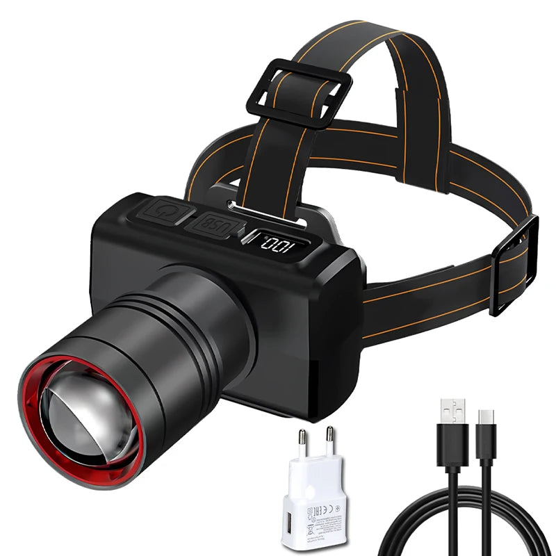 lampe frontale led rechargeable zoomable étanche haute luminosité noir bandeau réglable digitalécran mouvement