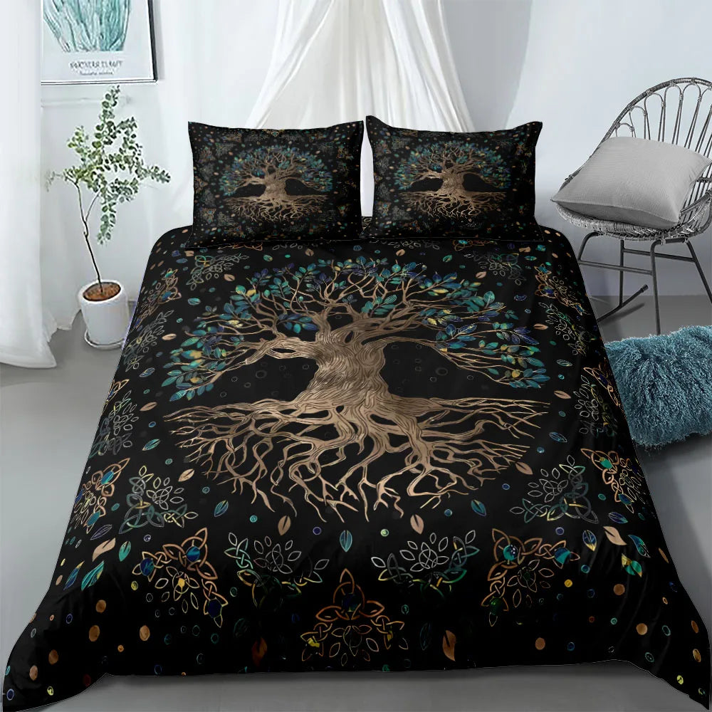 Détail des motifs celtiques Yggdrasil sur la housse de couette