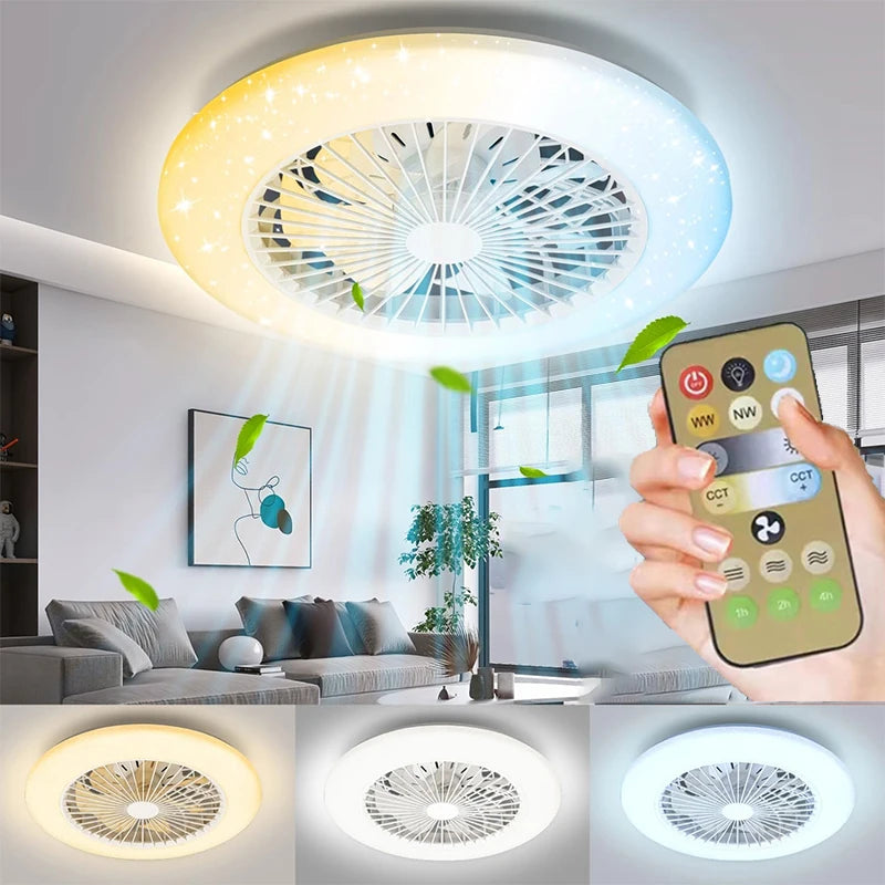 ventilateur moderne lumière led blanc grille télécommande flux lumineux éclairage autonome