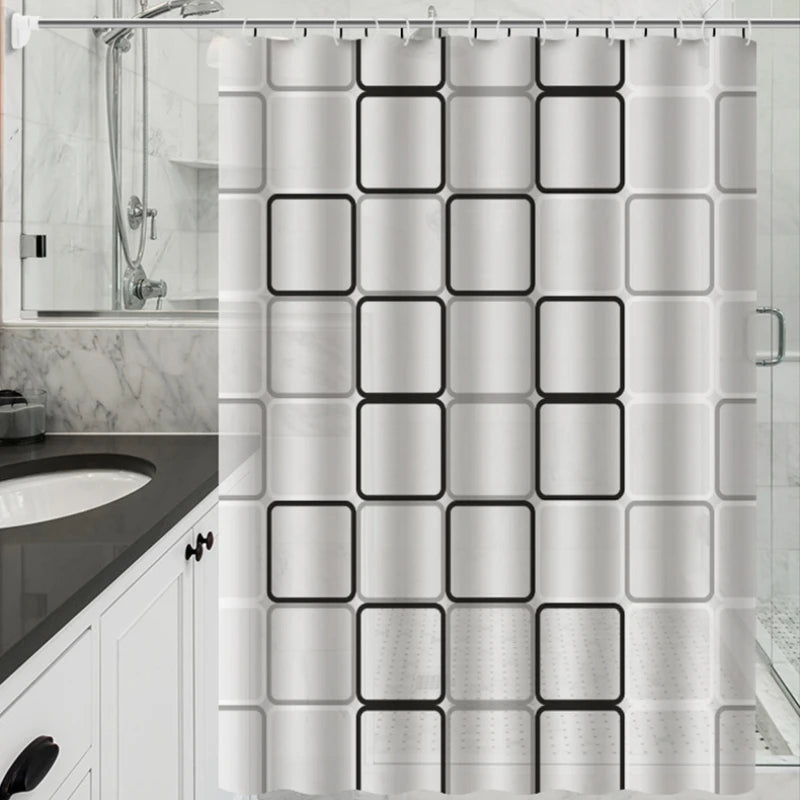 rideau douche géométrique semi transparent blanc noir gris moderne minimaliste métallique respectueux environnement
