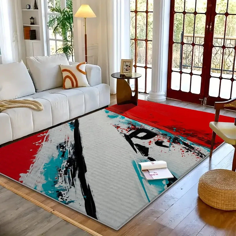 grand tapis salon moderne motif ondulé bleu beige noir doux polyester chambre intérieur maison