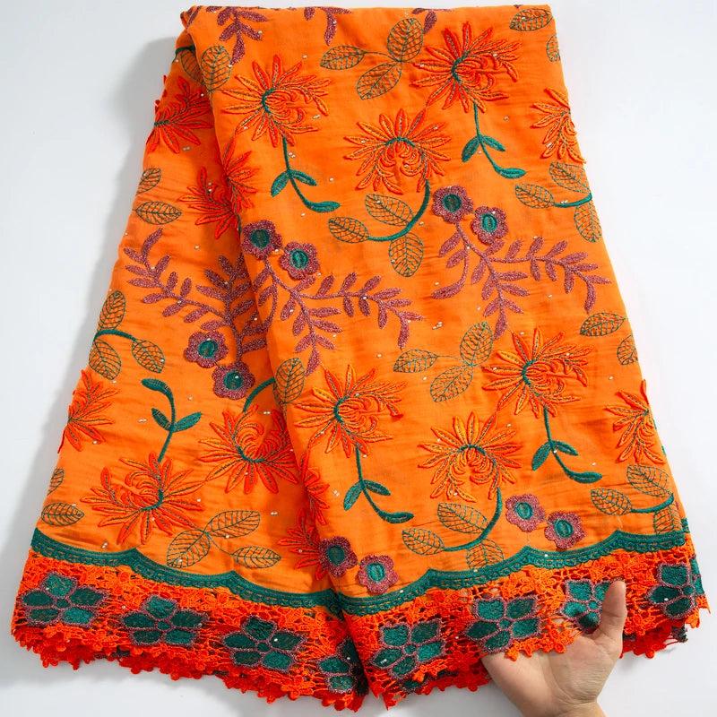 tissu africain brodé fleurs feuilles orange vert bleu rose traditionnel dentelle rhinstones soirée