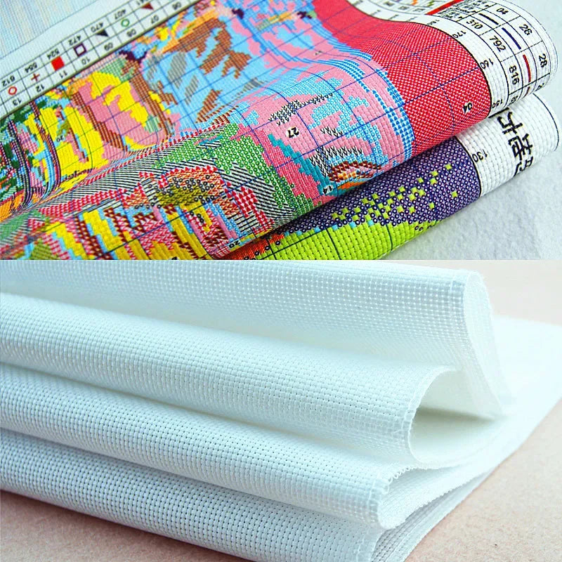 toile brodée paysage moderne porte fenêtres fleuries kit broderie fil coton aiguille tissu decoration