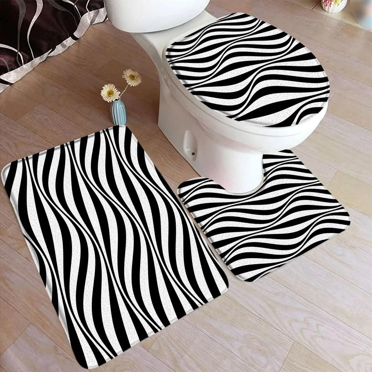 tapis bain moderne ensemble noir blanc adhésif tapis sol couvercle toilette minimaliste respectueux environnement