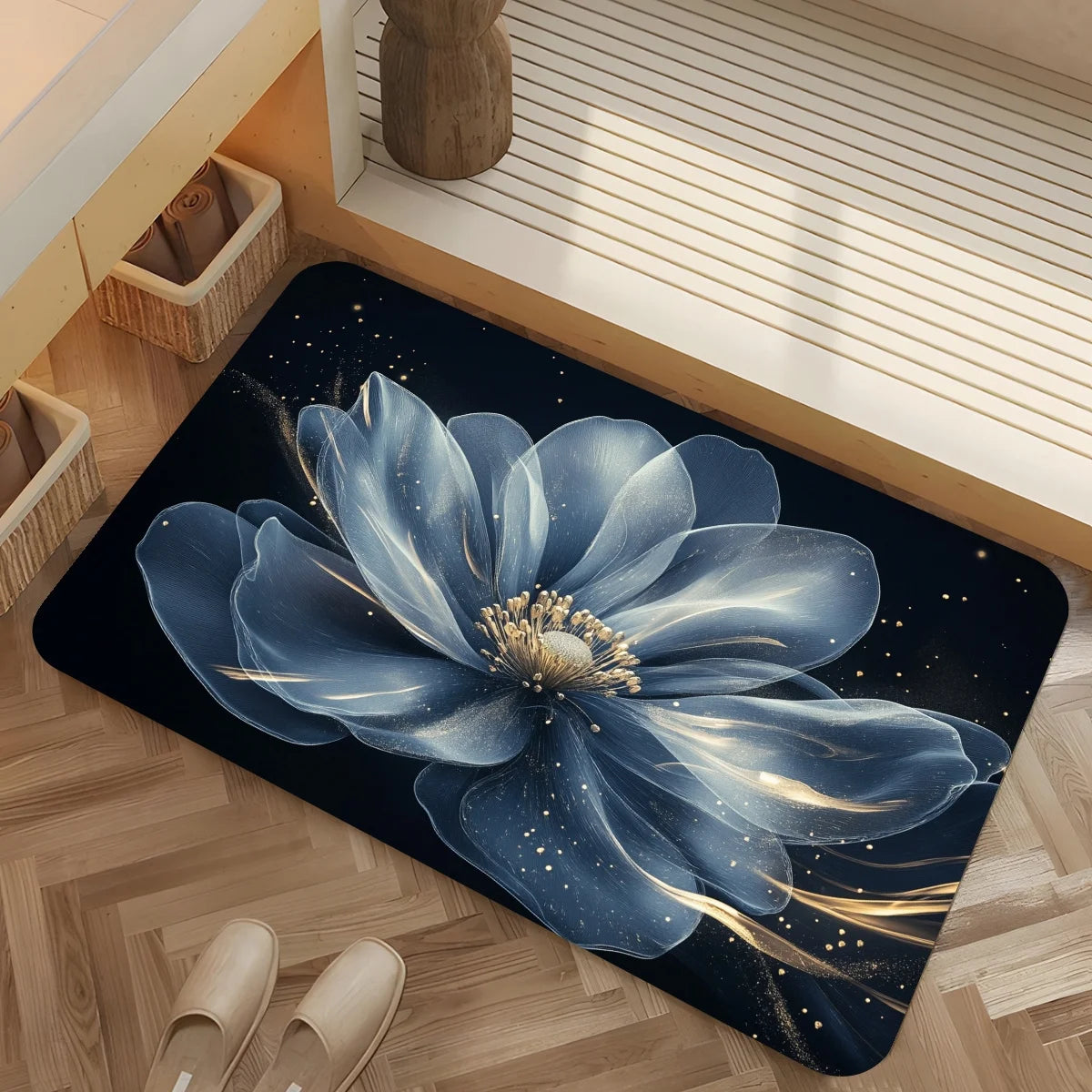tapis salle bain bleu fleurs moderne absorbant non glissant lavable élégant respectueux environnement PVC