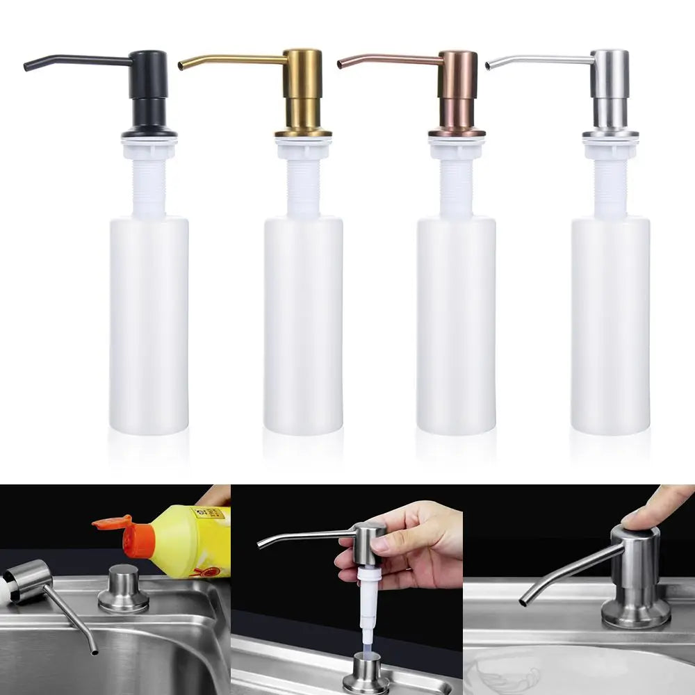 distributeur savon évier moderne blanc doré cuivre noir poignée bouteille mousse mains plastique