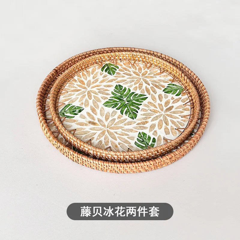 assiettes rotin naturel fleurs motifs floraux mosaïque traditionnel artisanal set deux