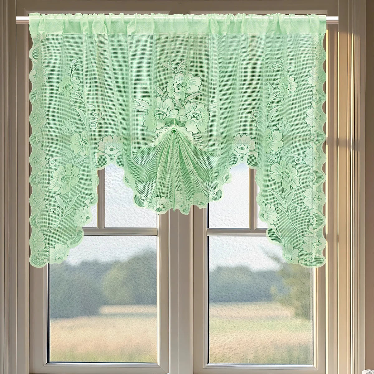 rideau blanc dentelle fleurs transparent romantique classique bordure décorative chambre cuisine