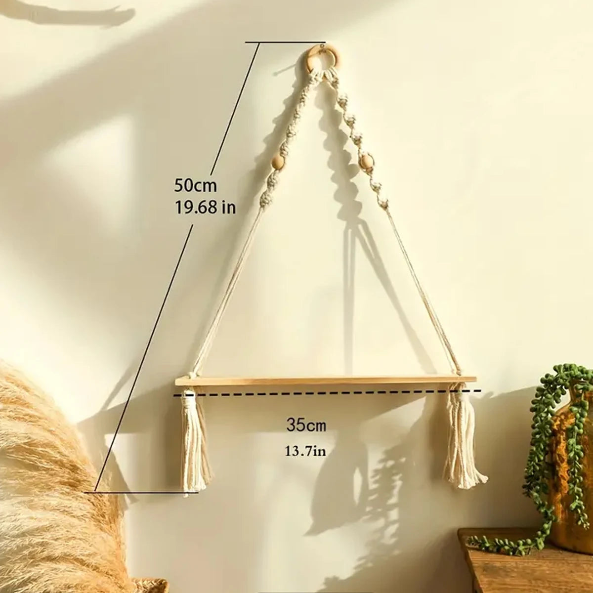 étagère suspendue macramé boho chic bois corde tressée beige clair salon chambre rustic deco