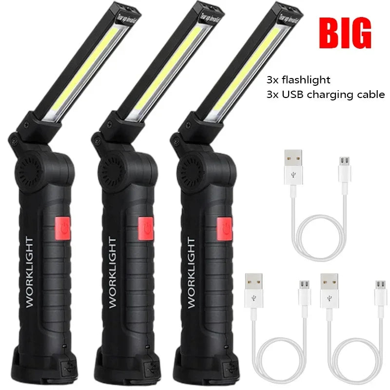 lampe travail rechargeable usb aimant noir lumiere led forte réglages luminosité camping auto défense