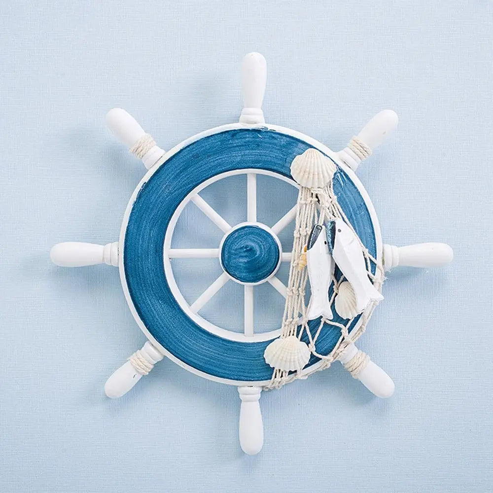 décoration murale nautique roue timonerie corde marine ancre poisson mouette blanc bleu