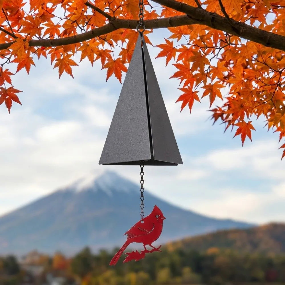sonnette décorative rustique oiseau cardinal feuilles automne pierre brute métal noir rouge verteSuspense... Voici
