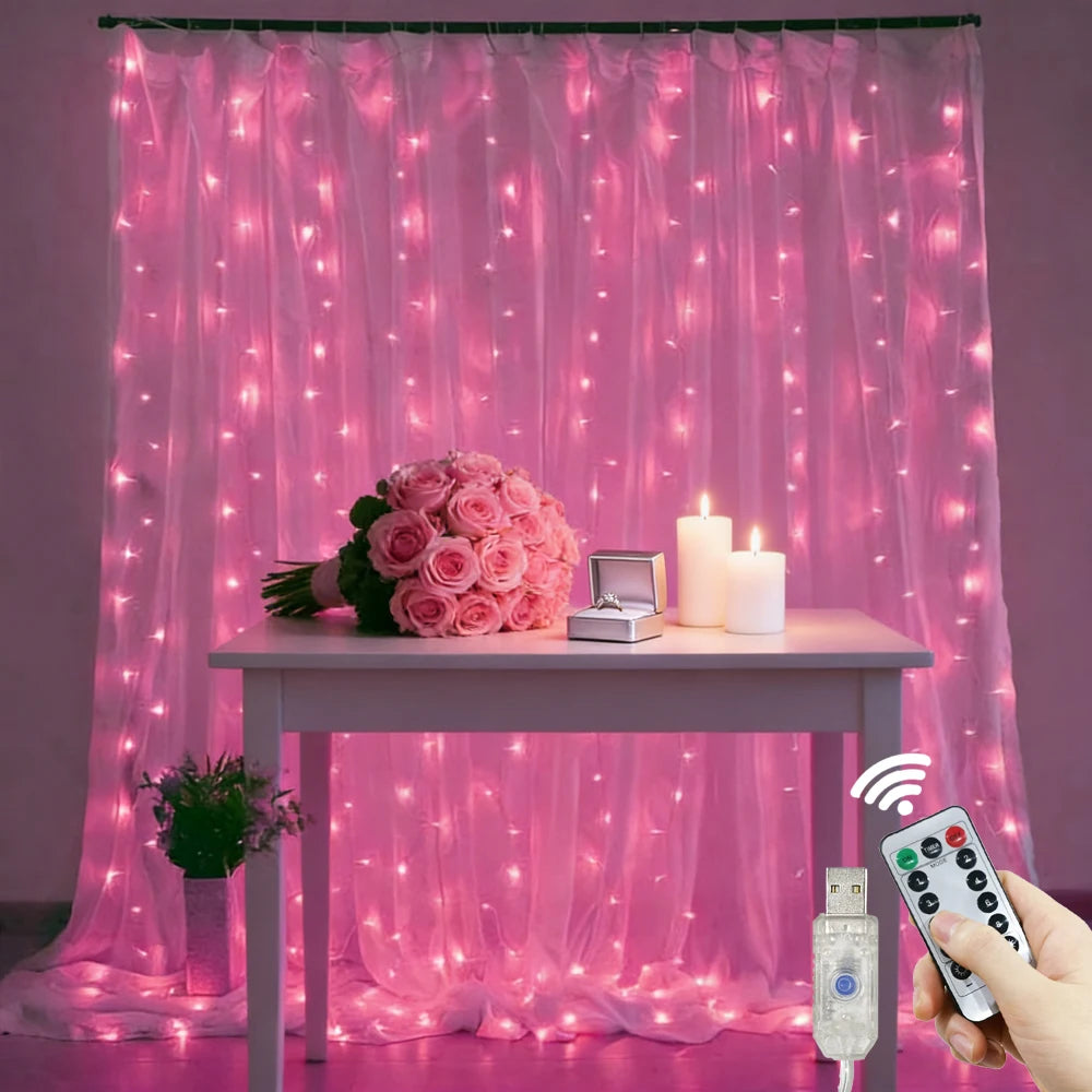 guirlande led rose rideau cascade lumière festives télécommande saint valentin mariage