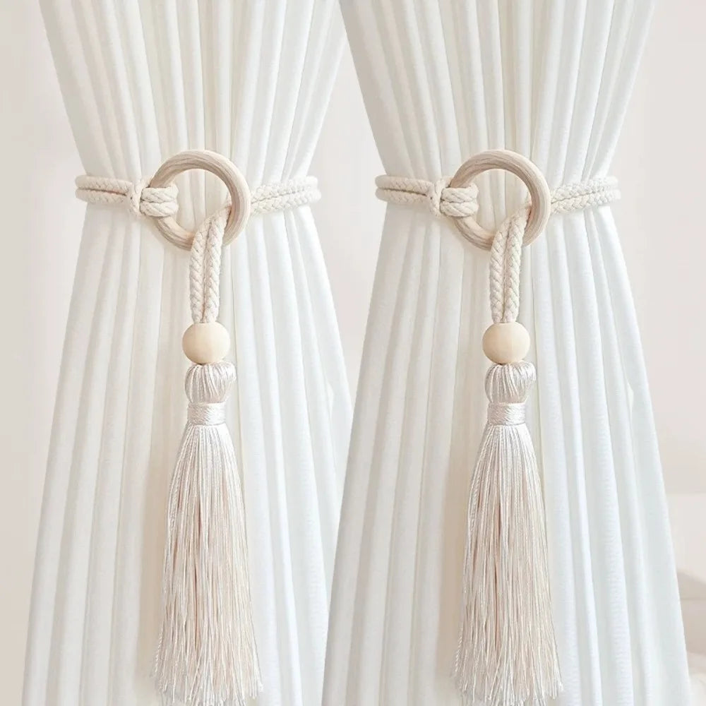 rideaux bohèmes attache corde coton bois pompon frange décoratif scandinave rustic