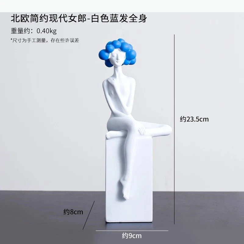 sculpture contemporaine buste nu cheveux noir blanc bleu or décoration maison minimaliste