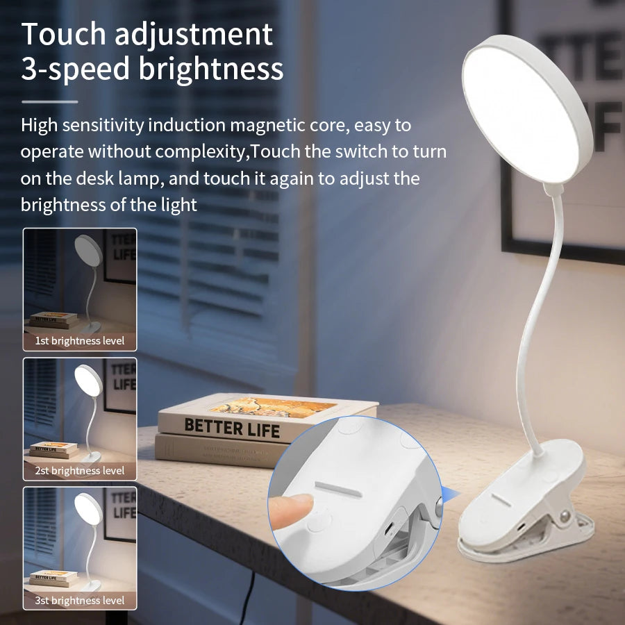 lampe led rechargeable blanc moderne pinces tactile réglable protège yeux chambre