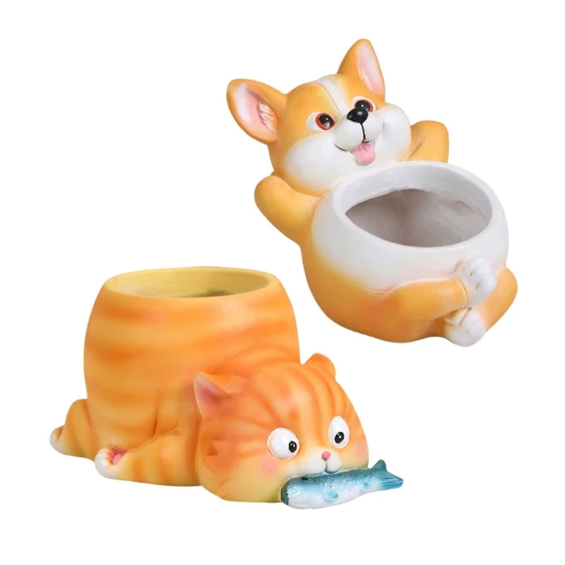 pots fleurs animaux corgi chat orange mignon decoration intérieure française cartoon decoration maison salon