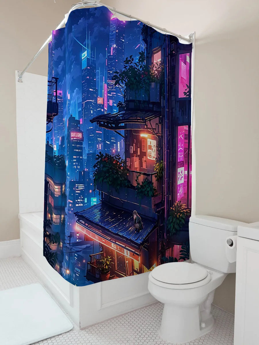 rideau douche cyberpunk illustration urbaine polyester moderne respectueux environnement bleu foncé violet orange rouge