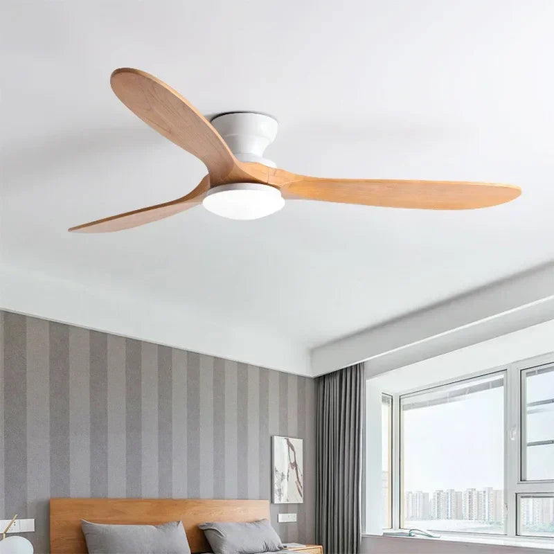 ventilateur moderne led bois naturel blanc lampe intégrée télécommande flux lumineux certifications vde ul