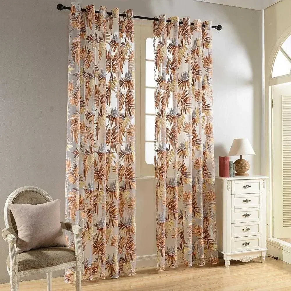 rideaux tulle feuilles tropicales bleu vert blanc modernes translucides anneaux chambre salon
