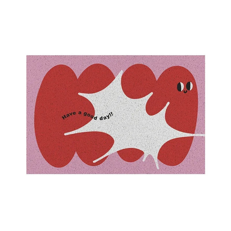 L'image montre un motif de formes rouges organiques sur un fond rose pâle, avec le texte "Have a good day!" affiché au centre.