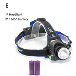 lampe frontale led rechargeable noir bleu rayures diagonales verre transparent mode zoom camping