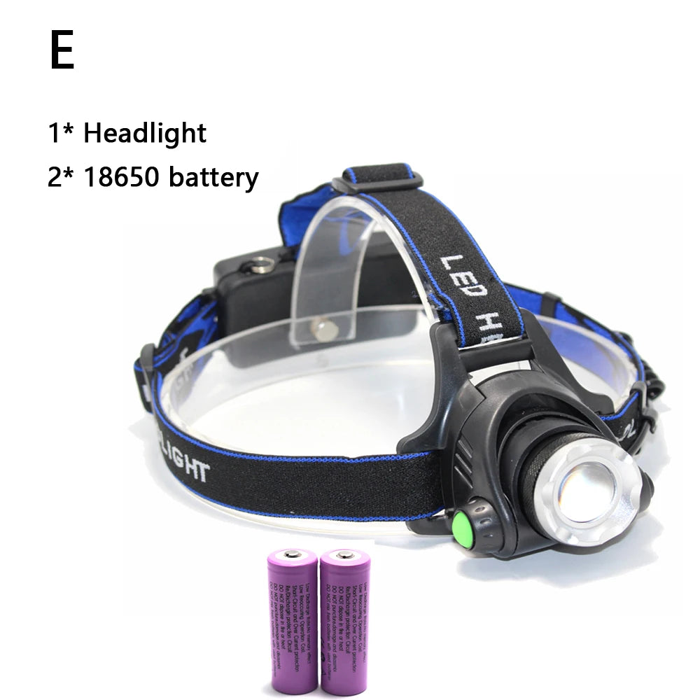 lampe frontale led rechargeable noir bleu rayures diagonales verre transparent mode zoom camping
