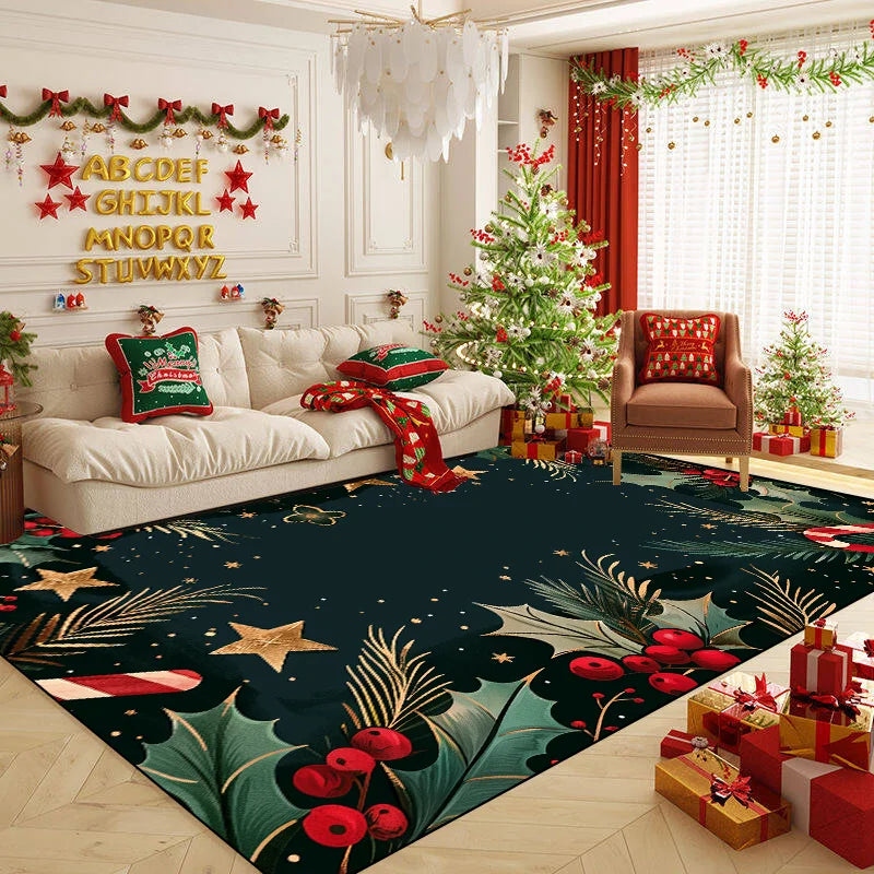 Une magnifique scène de Noël avec un arbre décoré, des guirlandes, des cadeaux et un tapis avec des motifs festifs.