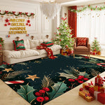 Une magnifique scène de Noël avec un arbre décoré, des guirlandes, des cadeaux et un tapis avec des motifs festifs.