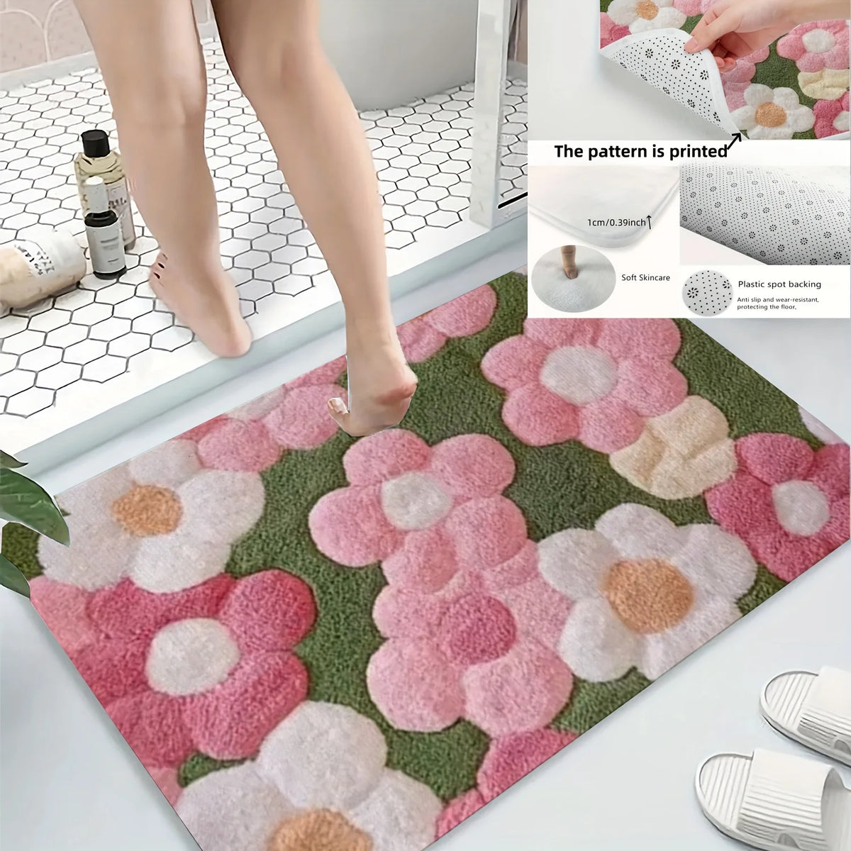 tapis bain doux fleurs imprimées anti dérapant moderne vert rose blanc
