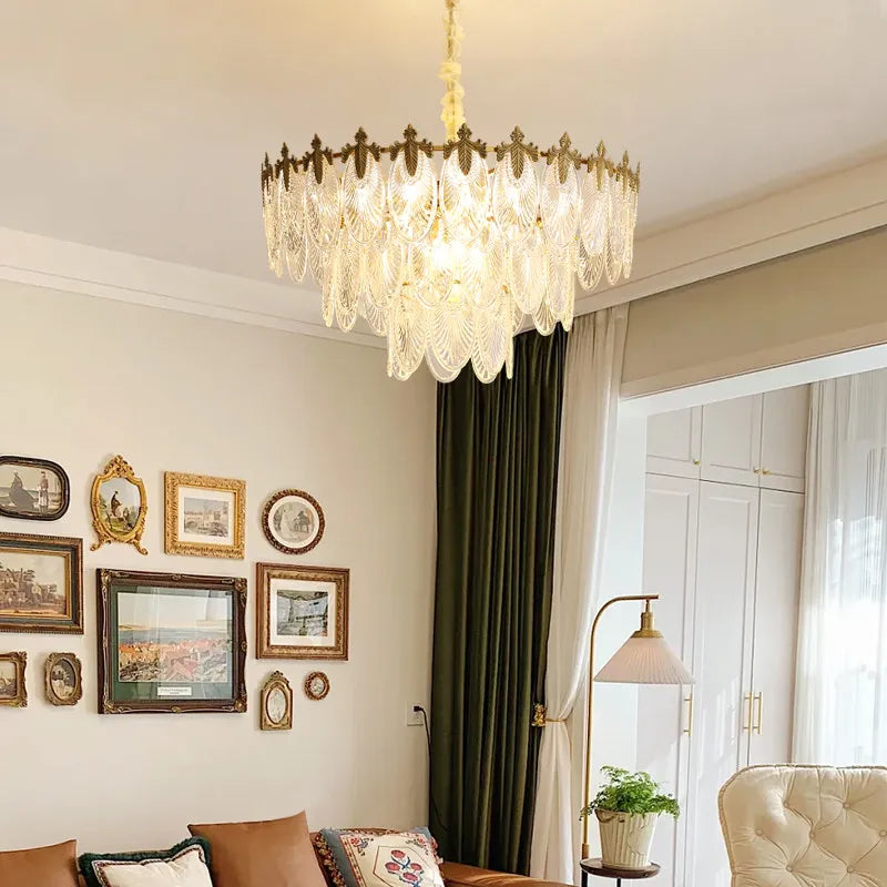 lustre pendentif feuilles doré transparent classique led moderne chambre salon