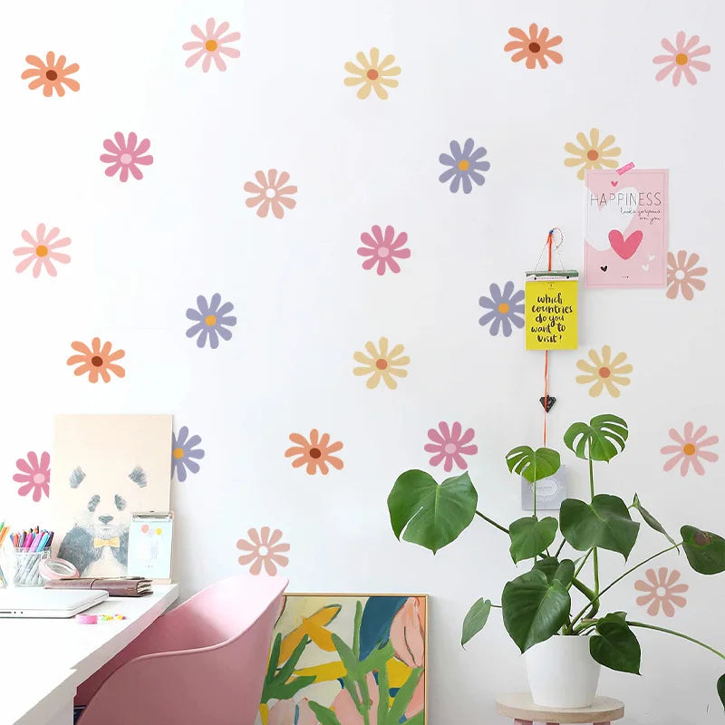 sticker mural moderne fleur simple rose orange jaune bleu adhésif décoration chambre fille