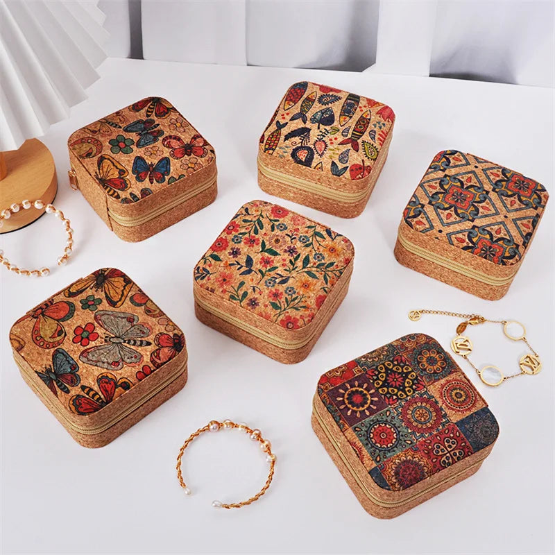 boîtes bijoux vintage zippées boho chic velours imprimé floral beige multifonctionnel porte bijoux travel