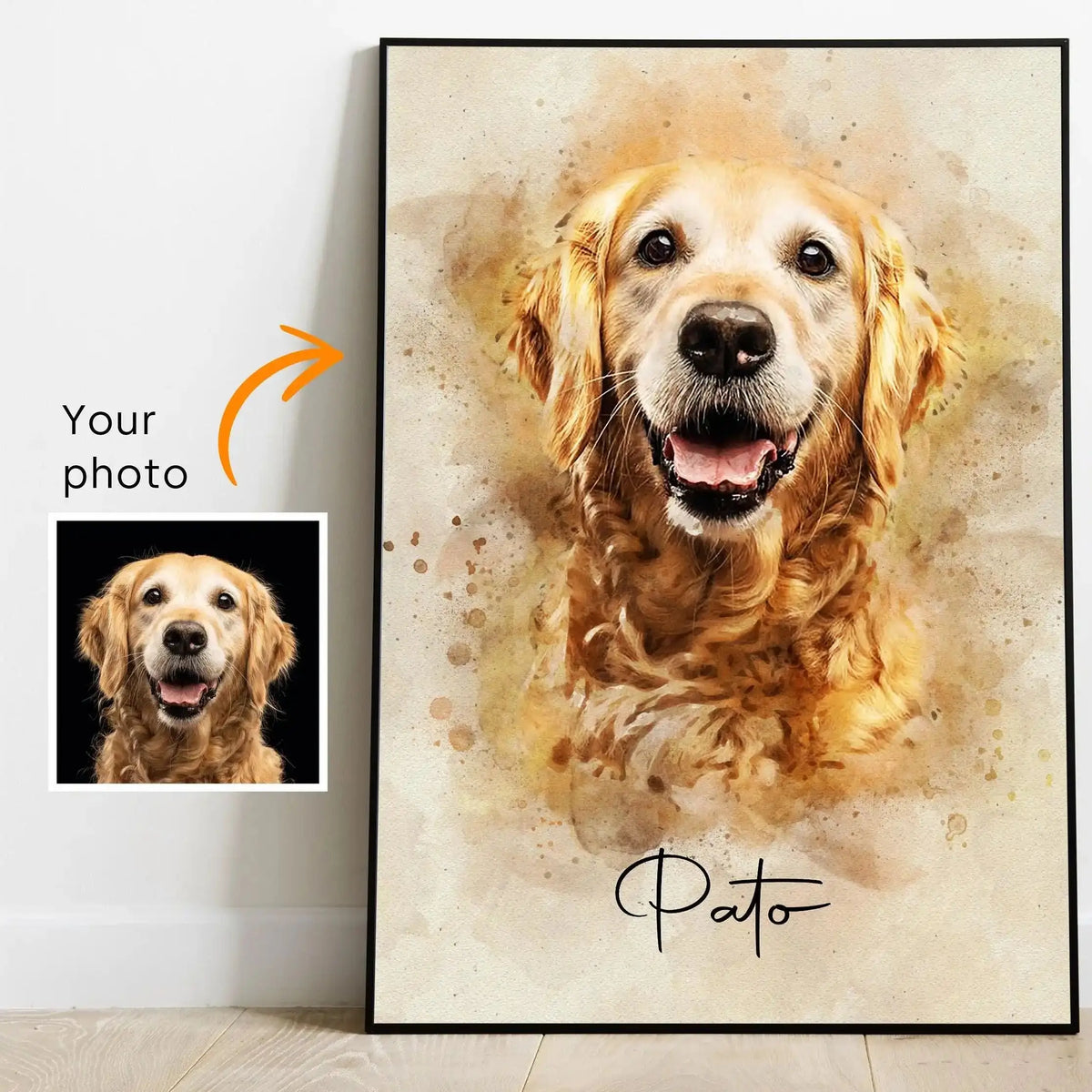 peinture aquarelle chien contemporaine personnalisable cadre noir blanc decoration intérieure cadeau