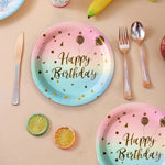 assiettes jetables rose bleu doré happy birthday confettis dorés serviettes verres festifs anniversaire mariage
