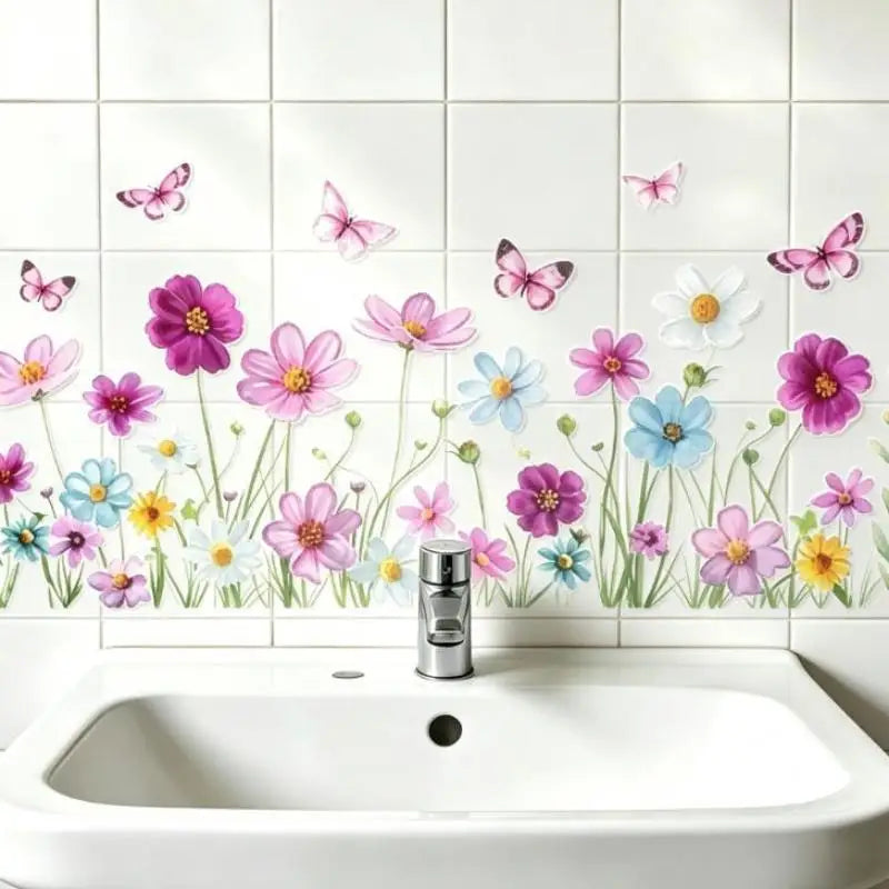 Autocollant mural PVC Floral Décoration Salle Bain Buanderie Install Easy Removable