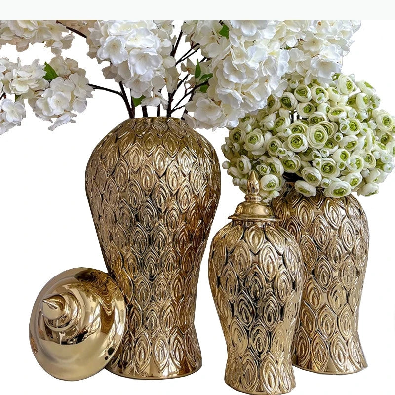 vase doré oiseau plume couvercle classique grande taille décoration fleur
