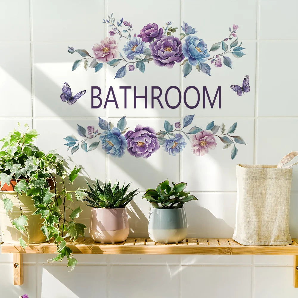 autocollant mural fleurs papillons art floral violet bleu rose vert pvc adhésif salon chambre