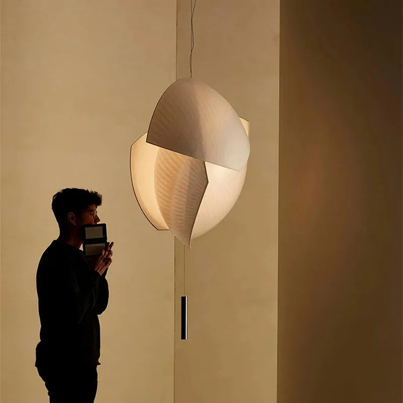 lampe suspendue moderne blanche rayures fines tissu opaque salon chambreôtel pendentif cordon assemblage