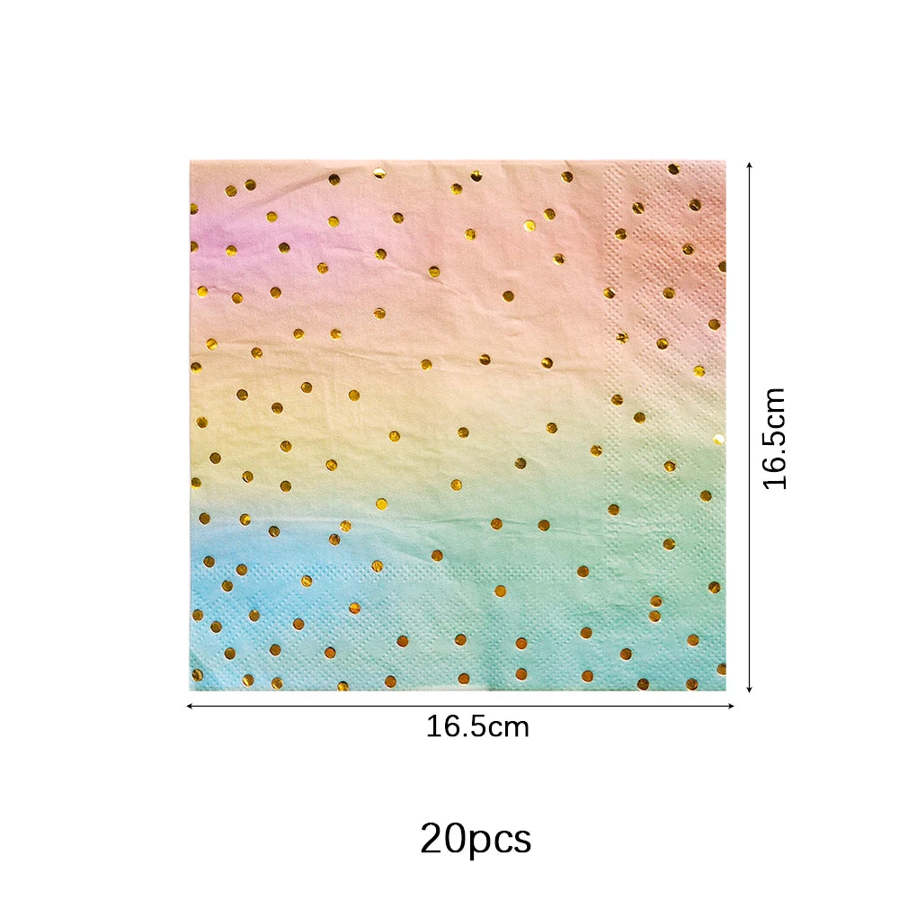 vaisselle jetable anniversaire arc ciel assiettes dorées points confettis serviettes verres festifs